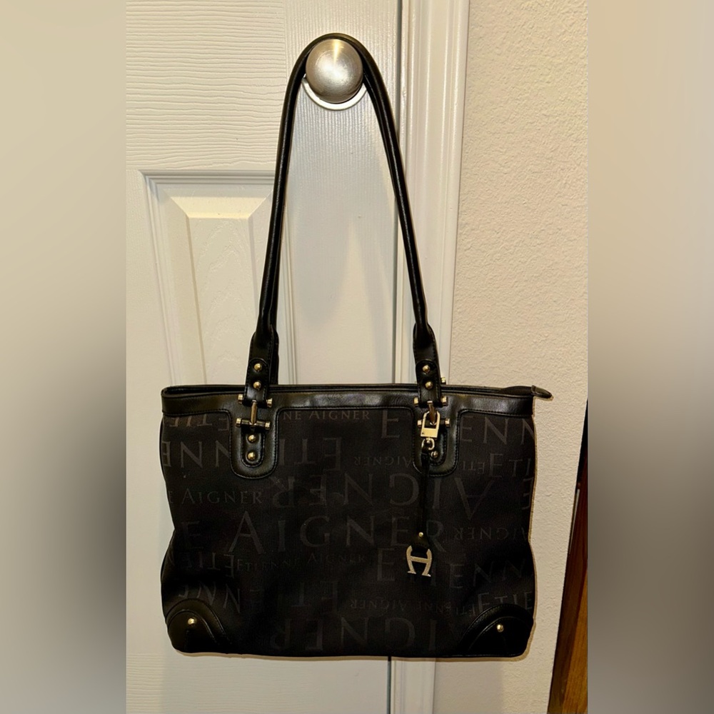 Etienne Aigner Black Signature Logo Canvas and Leather Handbag